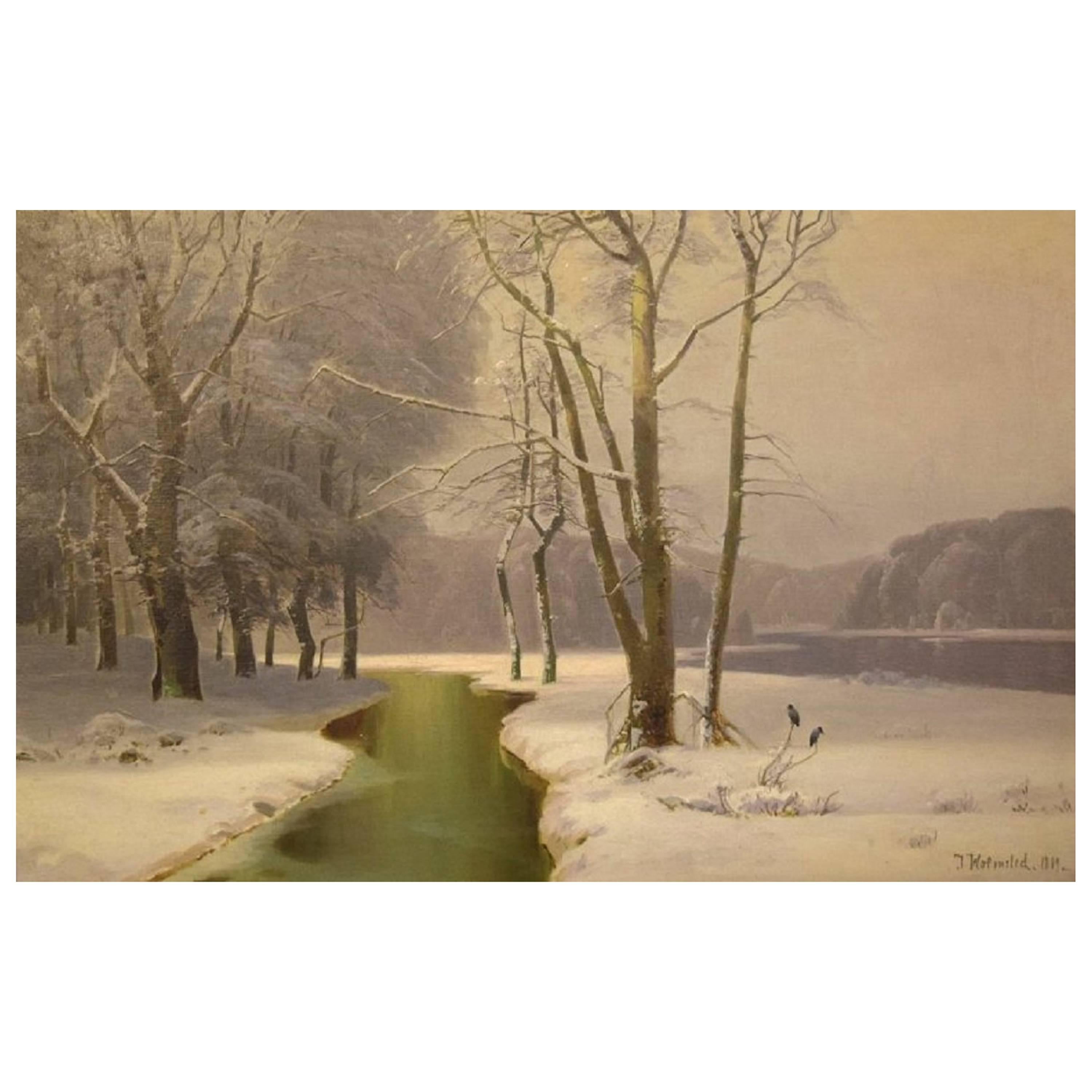 J. Holmsted, Scandinavian Painter Oil on Canvas Winter Landscape from 1889