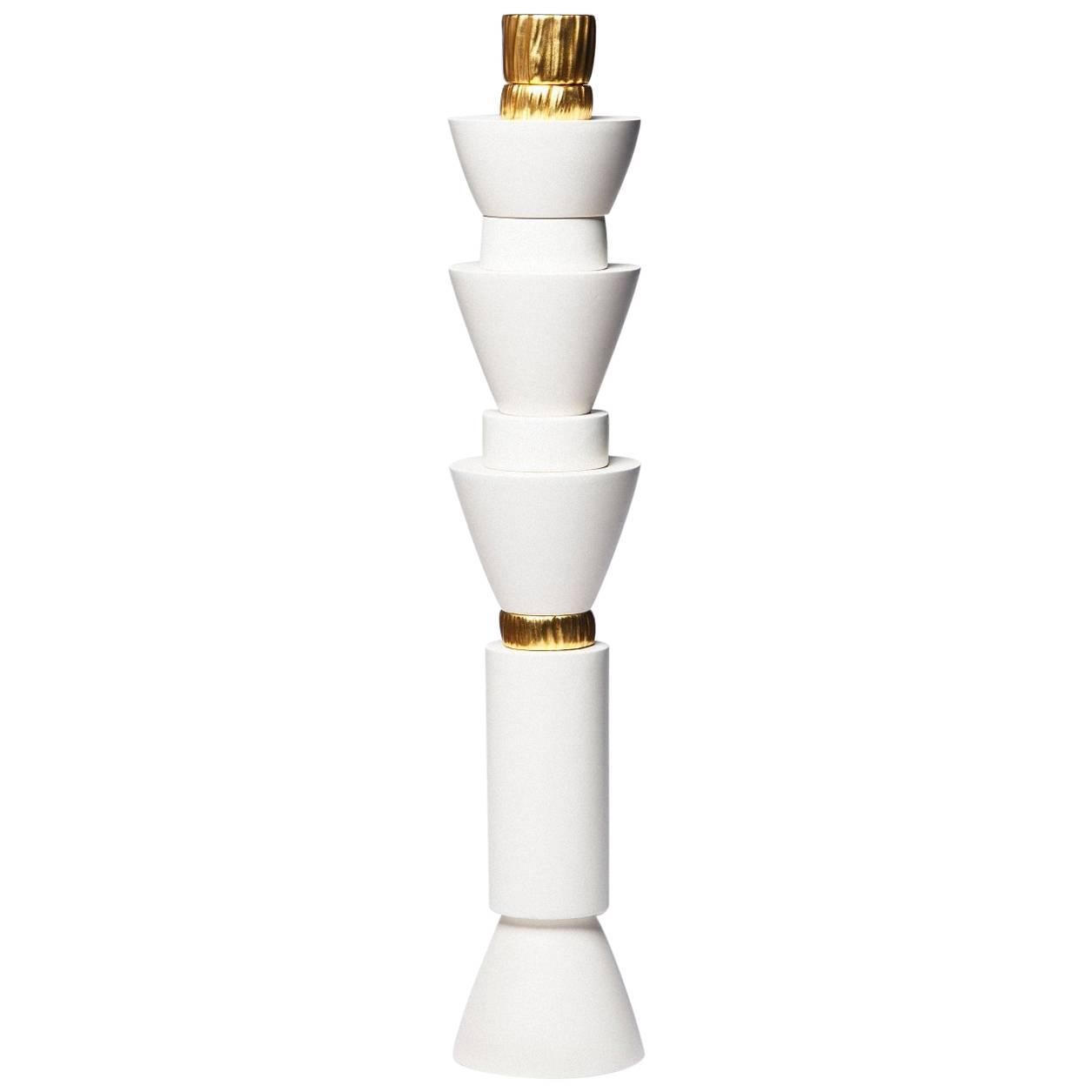 "Brama Totem" Ltd. Ed. White Glazed and Gold Leaf, Sculpture by P. Girardin For Sale