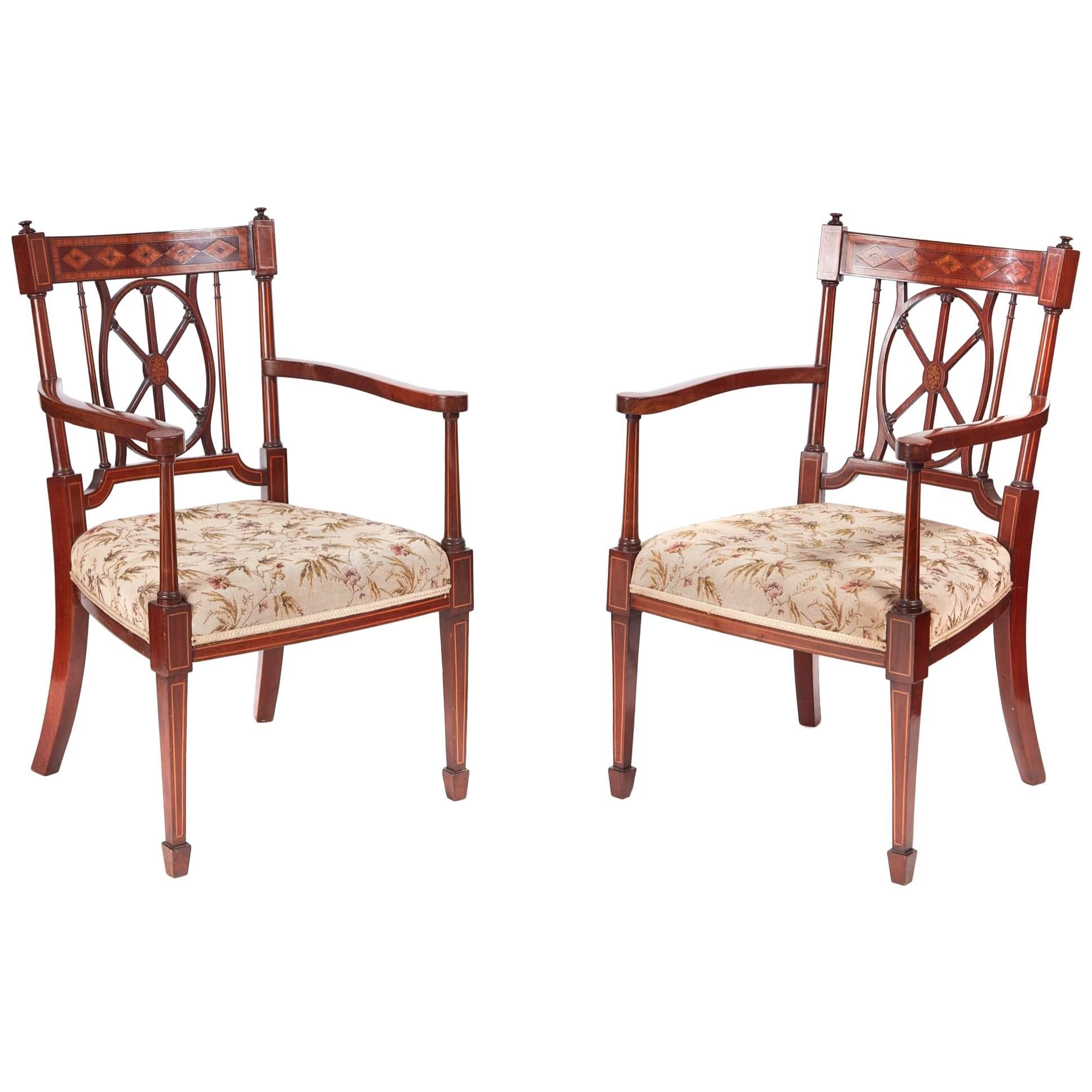 Fine Pair of Antique Mahogany Inlaid Arm/Desk Chairs For Sale