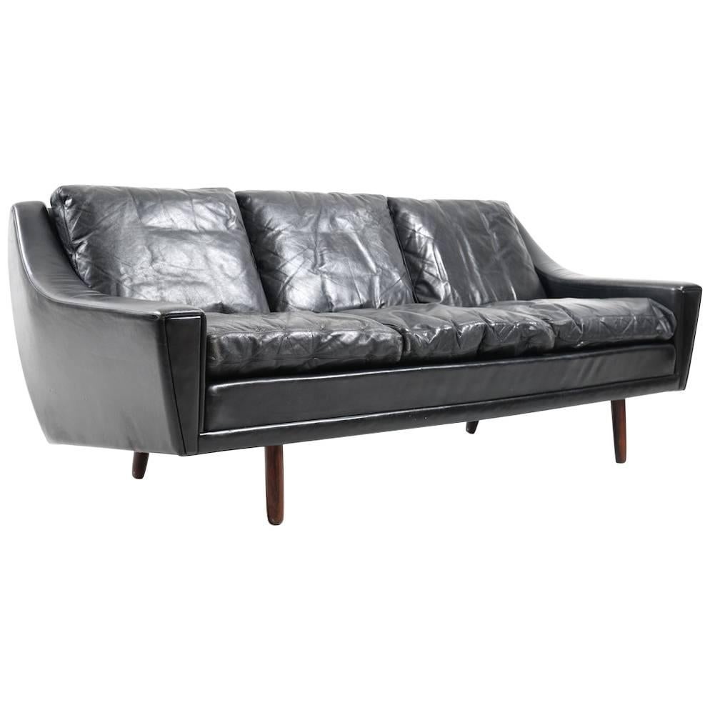 1960s Georg Thams Black Leather Three-Seat Sofa For Sale