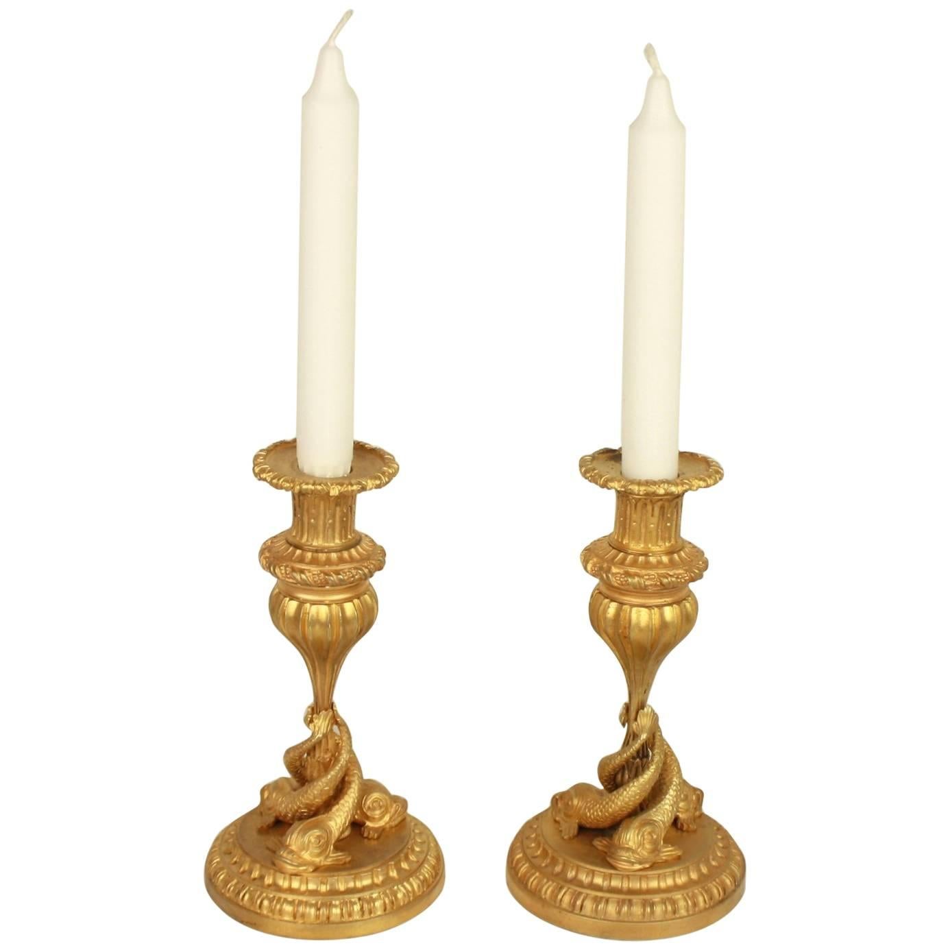 Pair of 19th Century Ormolu Candlesticks with Entwined Dolphins