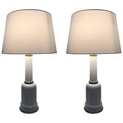 Pair of Large Art Deco Heiberg Porcelain and Brass Table Lamps Denmark