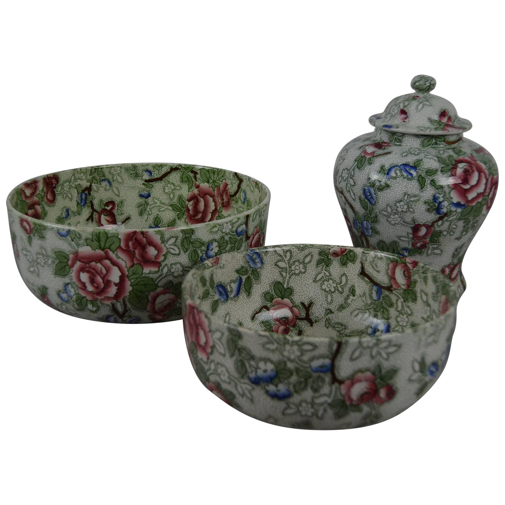 Group of Three Pieces of Chinese Rose Pottery, English, 1920s