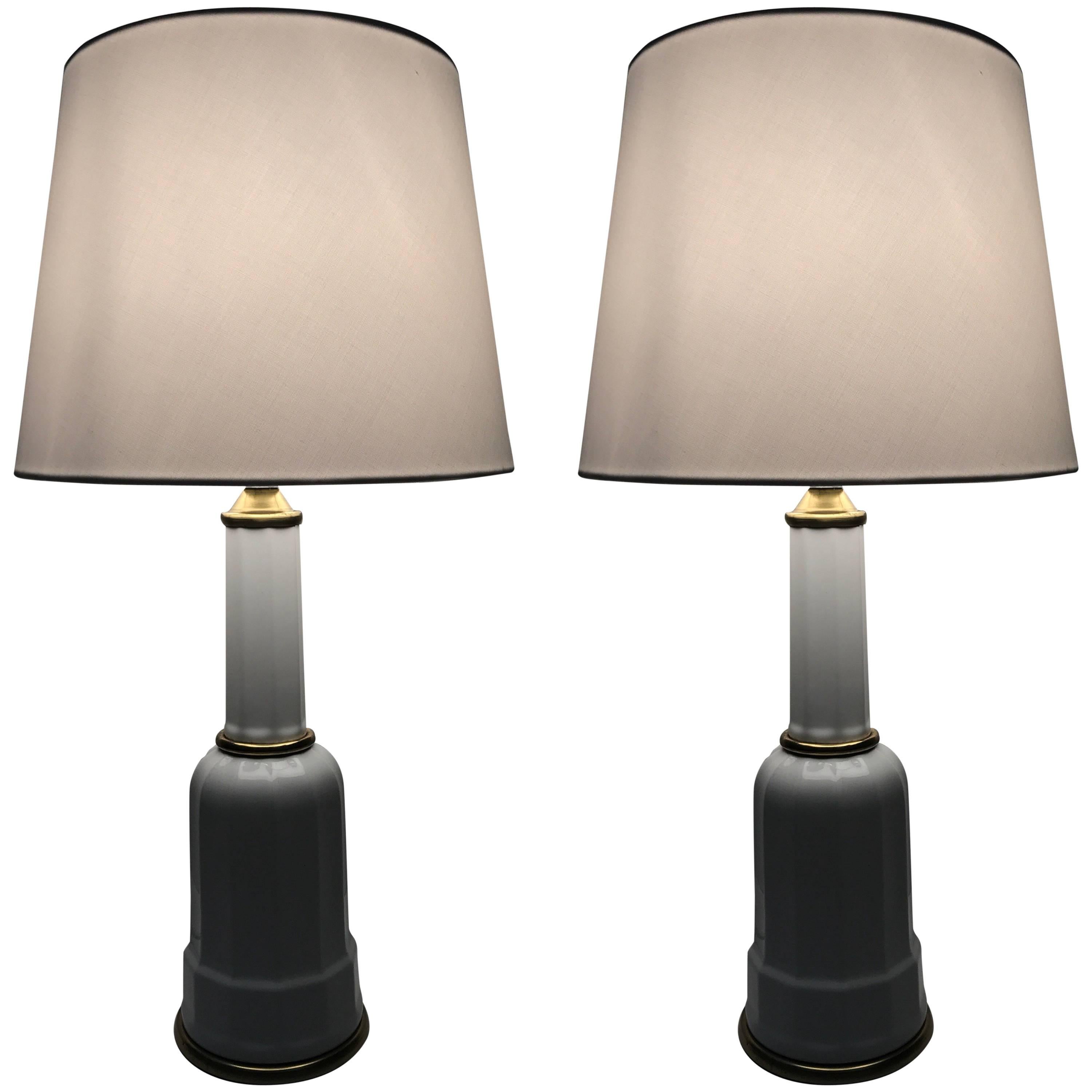 Pair of Heiberg Art Deco Brass and Porcelain Lamps Denmark Medium Size Model For Sale