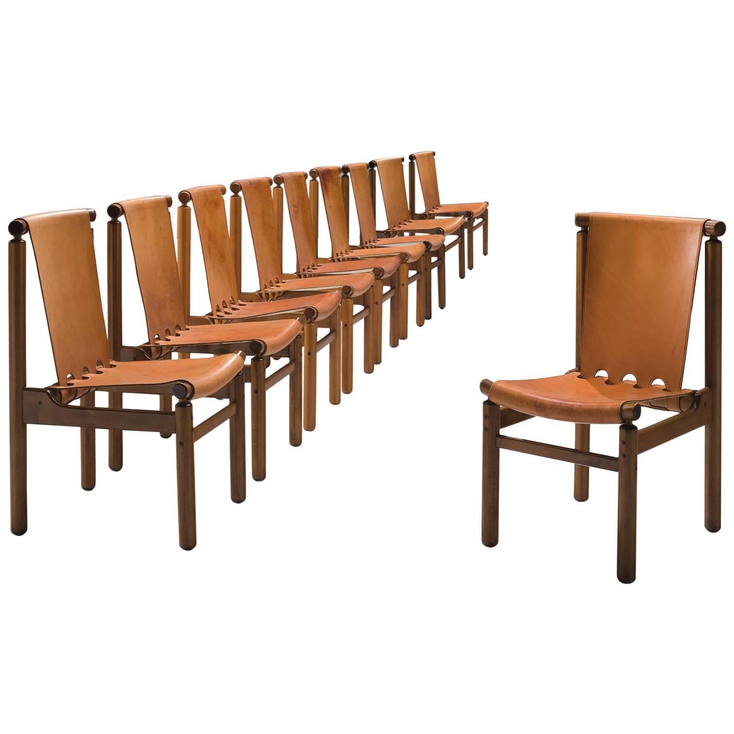 Set of Ten Dining Chairs in Cognac Leather