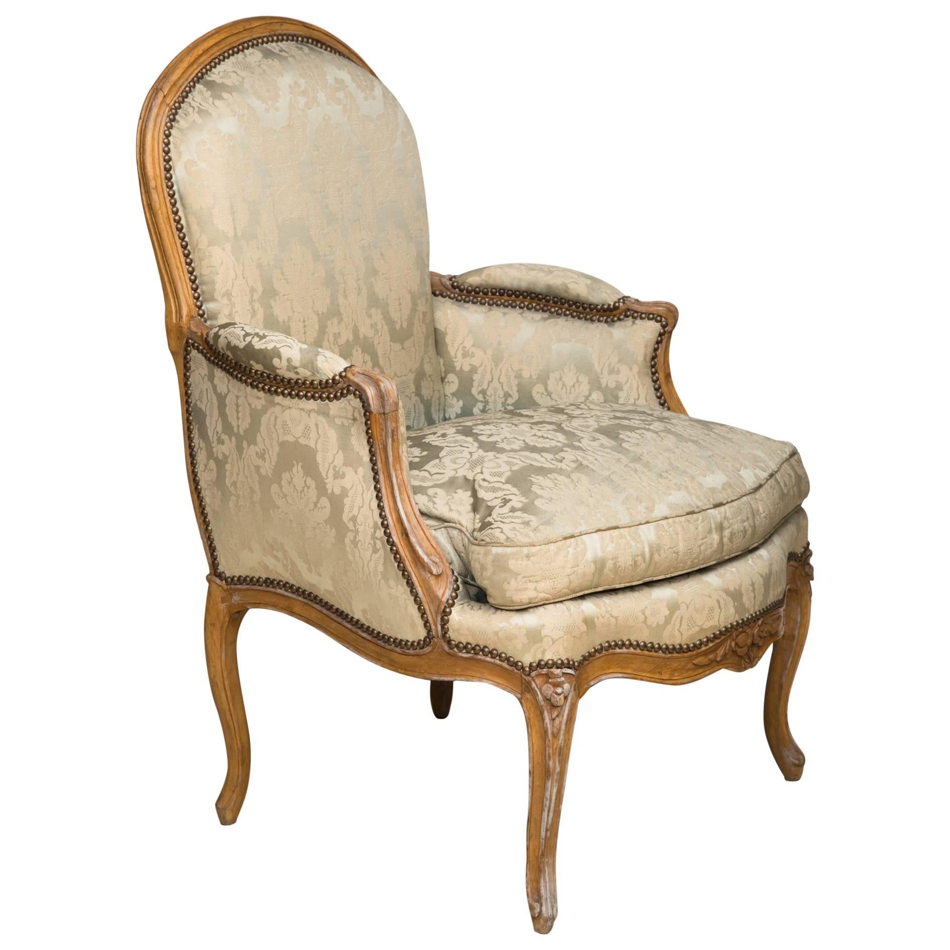 Louis XV Period Beech Bergere or Armchair Upholstered in Pale Silk Damask For Sale