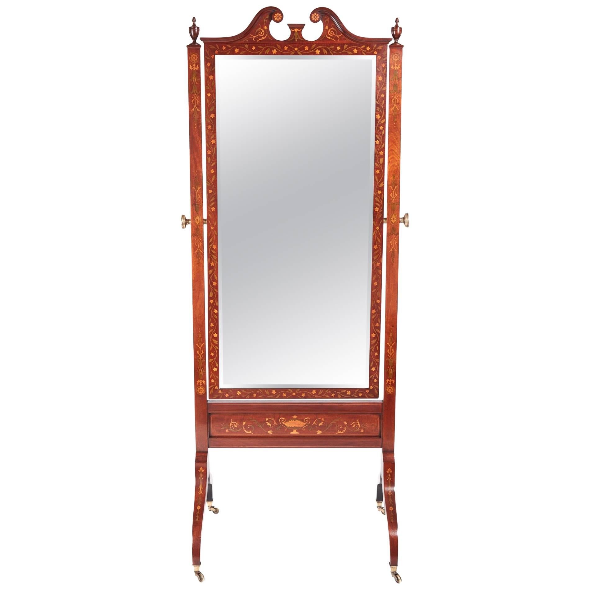 Outstanding Antique Mahogany Inlaid Cheval Mirror For Sale