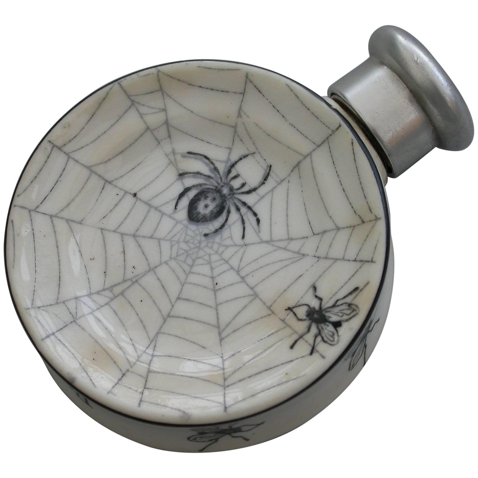 Victorian Silver Mounted 'Spiders Web' Porcelain Scent Bottle. S Mordan, 1887