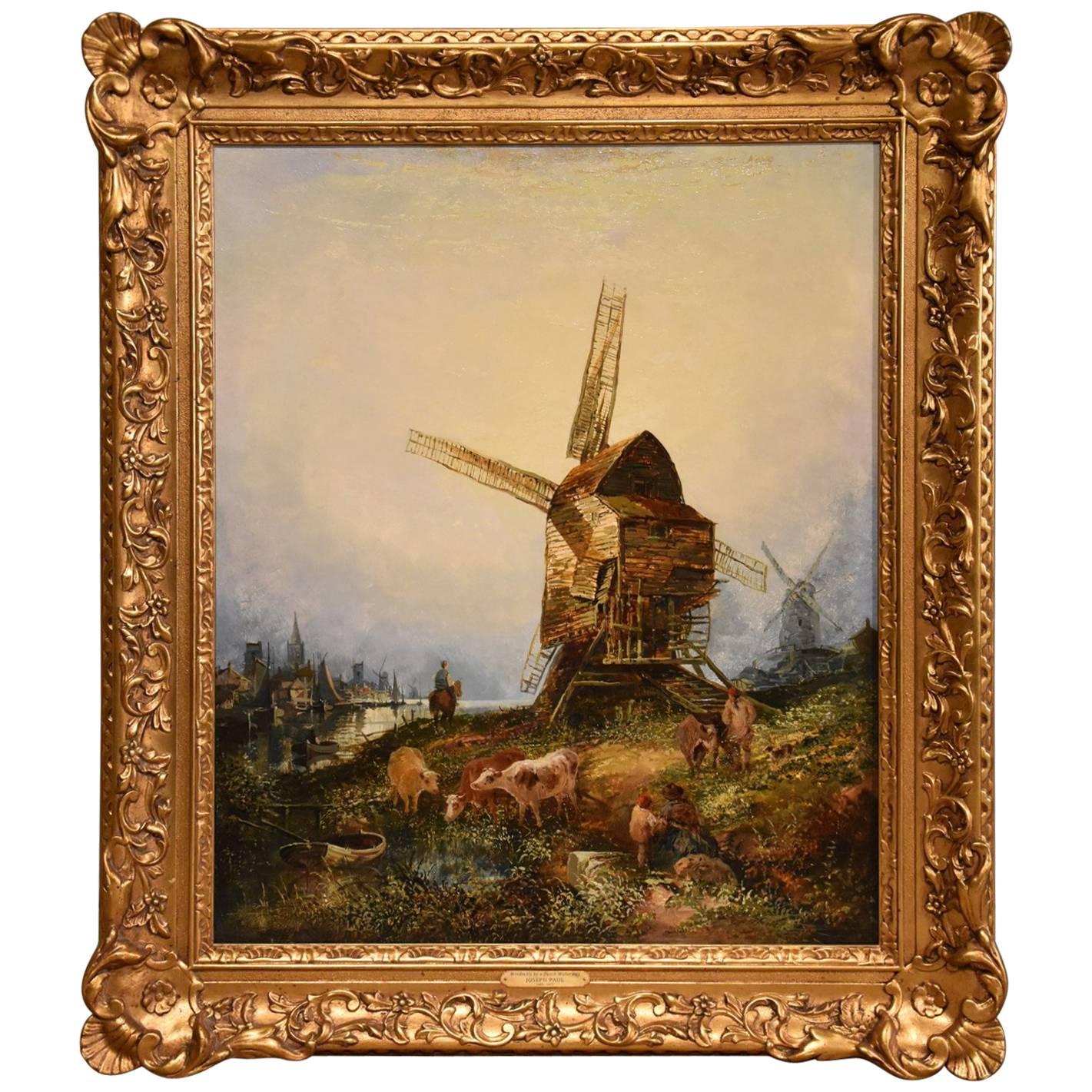 "Windmills by a Dutch Waterway" by Joseph Paul For Sale