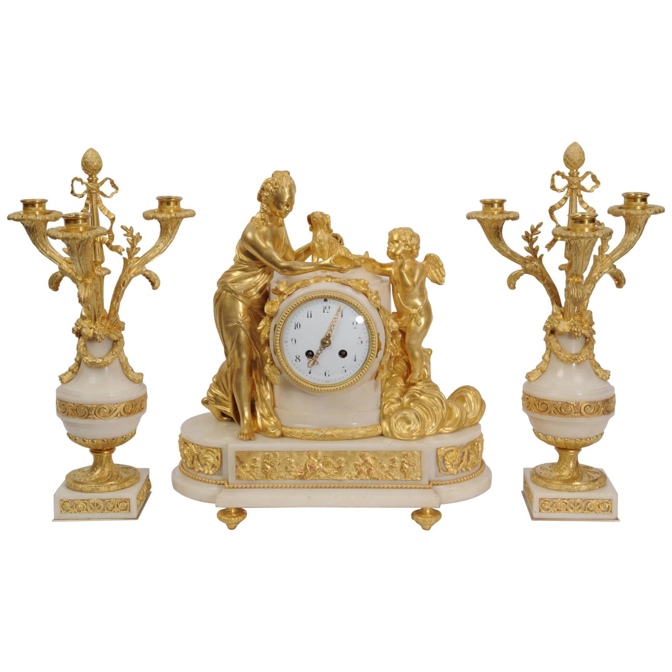 Venus with Amour and Dog, Superb Ormolu and White Mable Clock Set, circa 1900