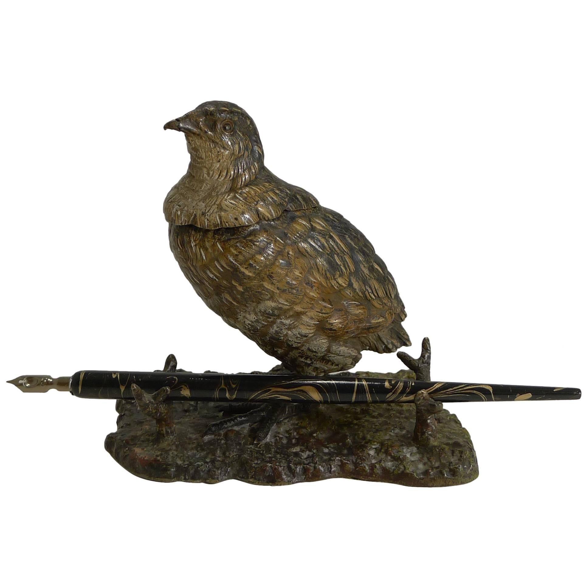Antique Cold Painted Bronze Game Bird Inkwell, circa 1900