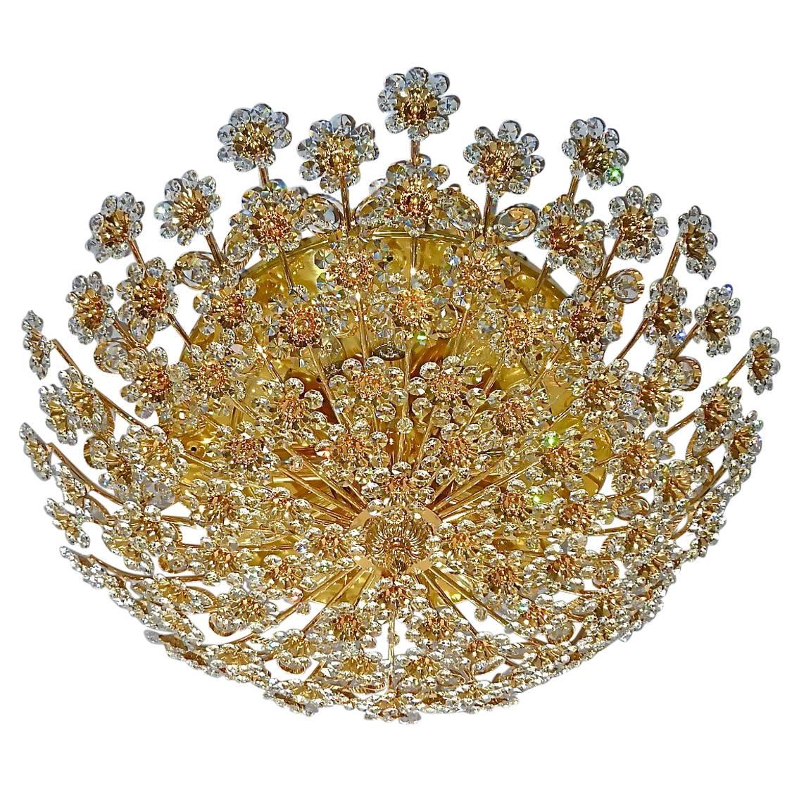 Huge Palwa Flush Mount Chandelier Gilt Brass Floral Flower Bouquet Crystals 1960