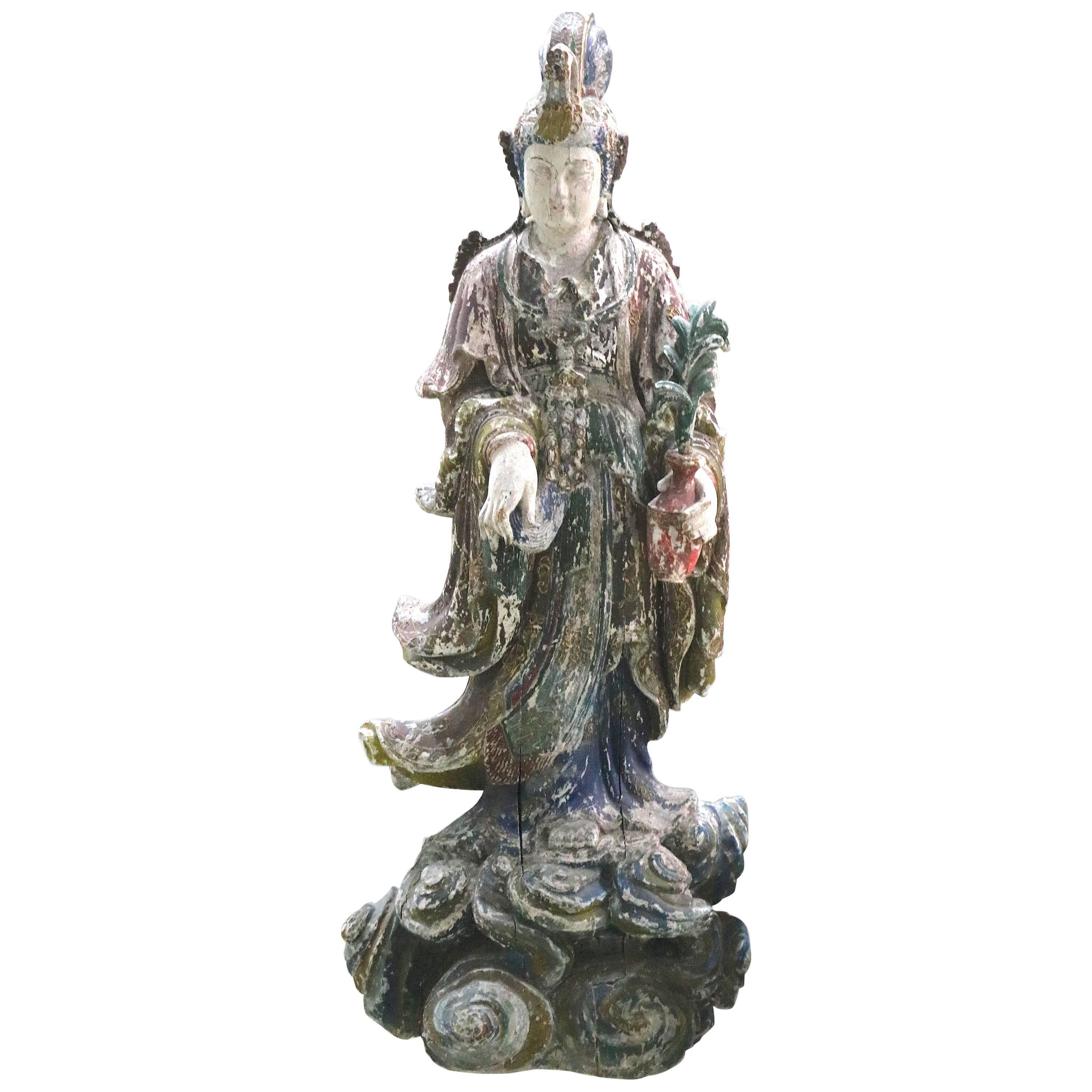 Nr. Life-Size Wood Carved Quan Yin Standing Statue in Regal Repose For Sale