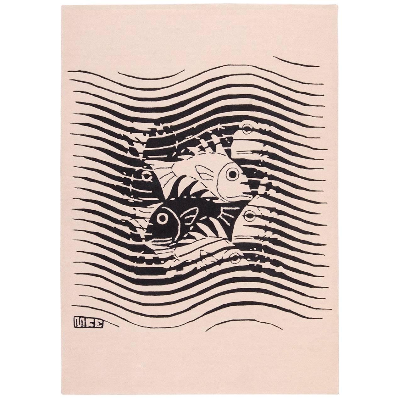 Black & White Vintage Maurits Escher Designed Scandinavian Rug. Size:5' 7" x 8' 