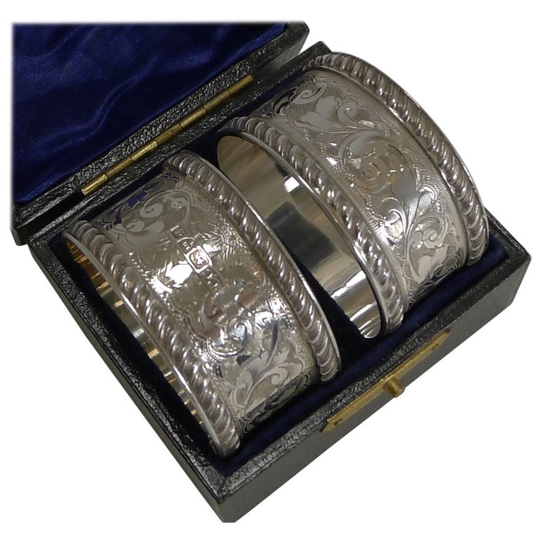 Fine Cased Pair of Antique English Sterling Silver Napkin Rings at 1stDibs
