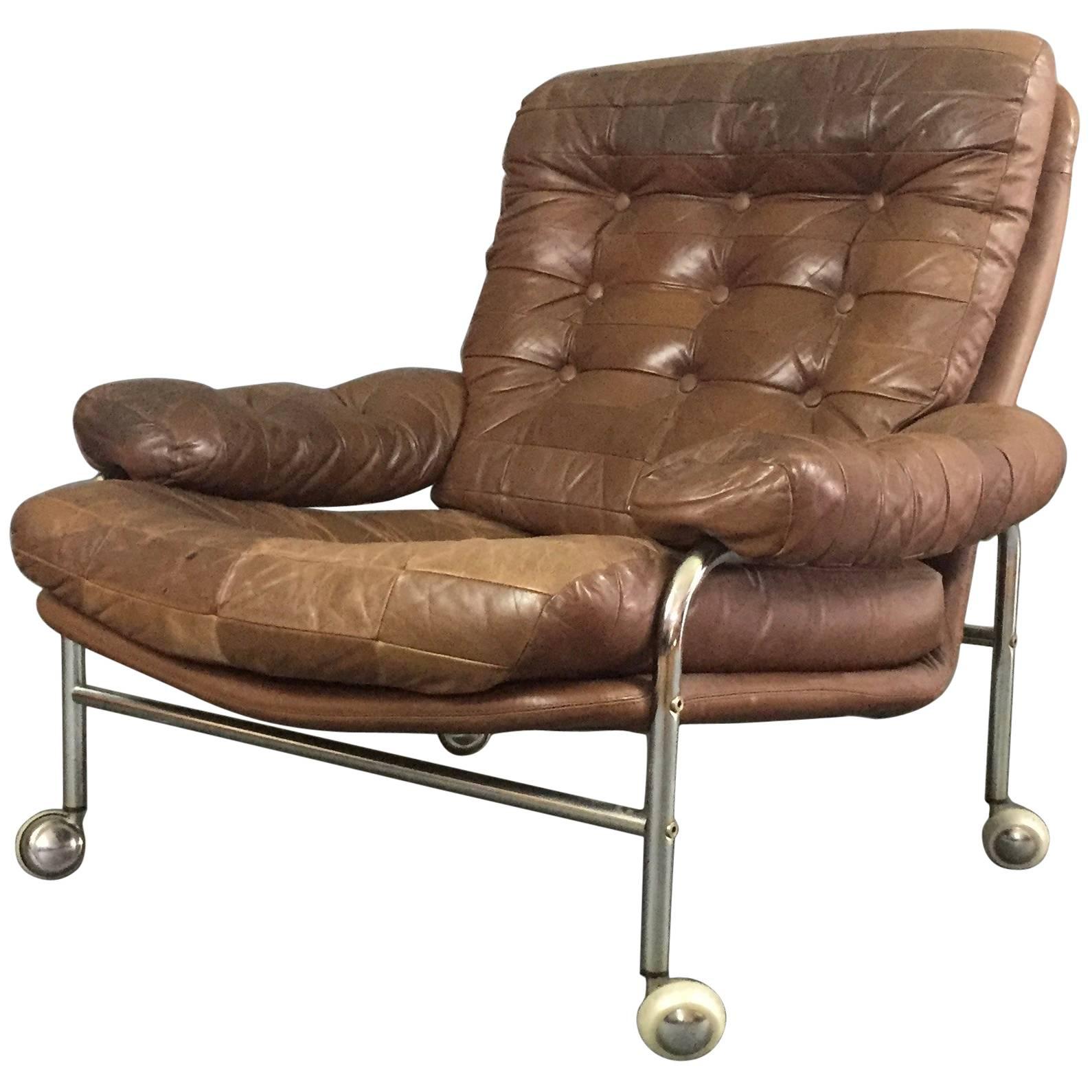 Scandinavian 1970s Leather and Chrome Lounge Chair For Sale