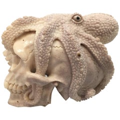 Moose Antler Carving of a Skull in the Grip of an Octopus