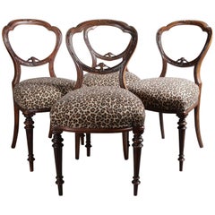 Four Antique French Louis XVI Carved Walnut Balloon Back Upholstered Side Chairs