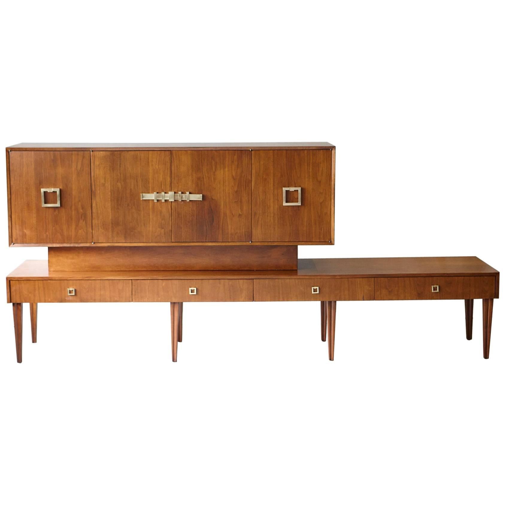 Custom Made Walnut Sideboard or Credenza with Brass Hardware, circa 1940s For Sale