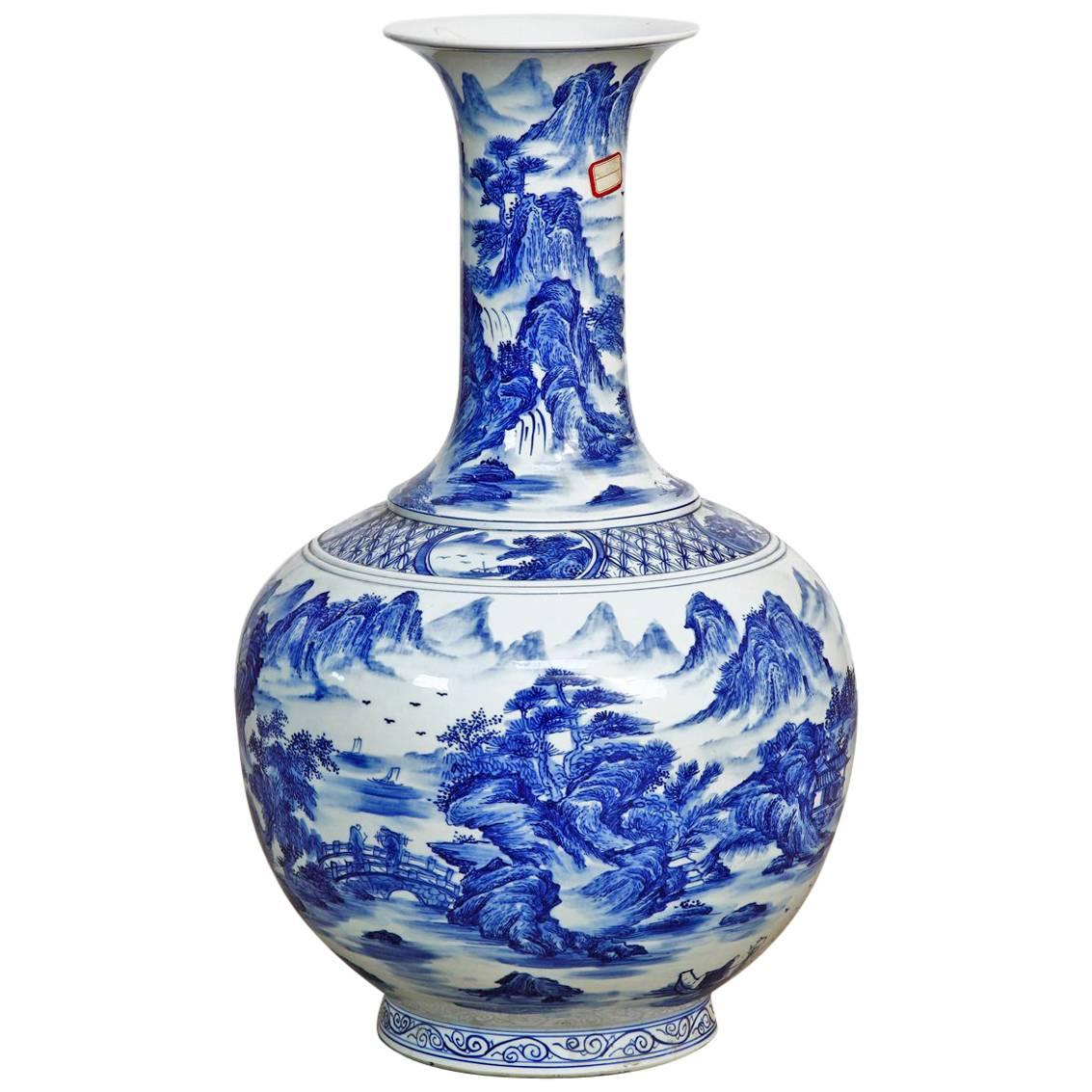 Chinese Blue and White Porcelain Jingdezhen Landscape Vase