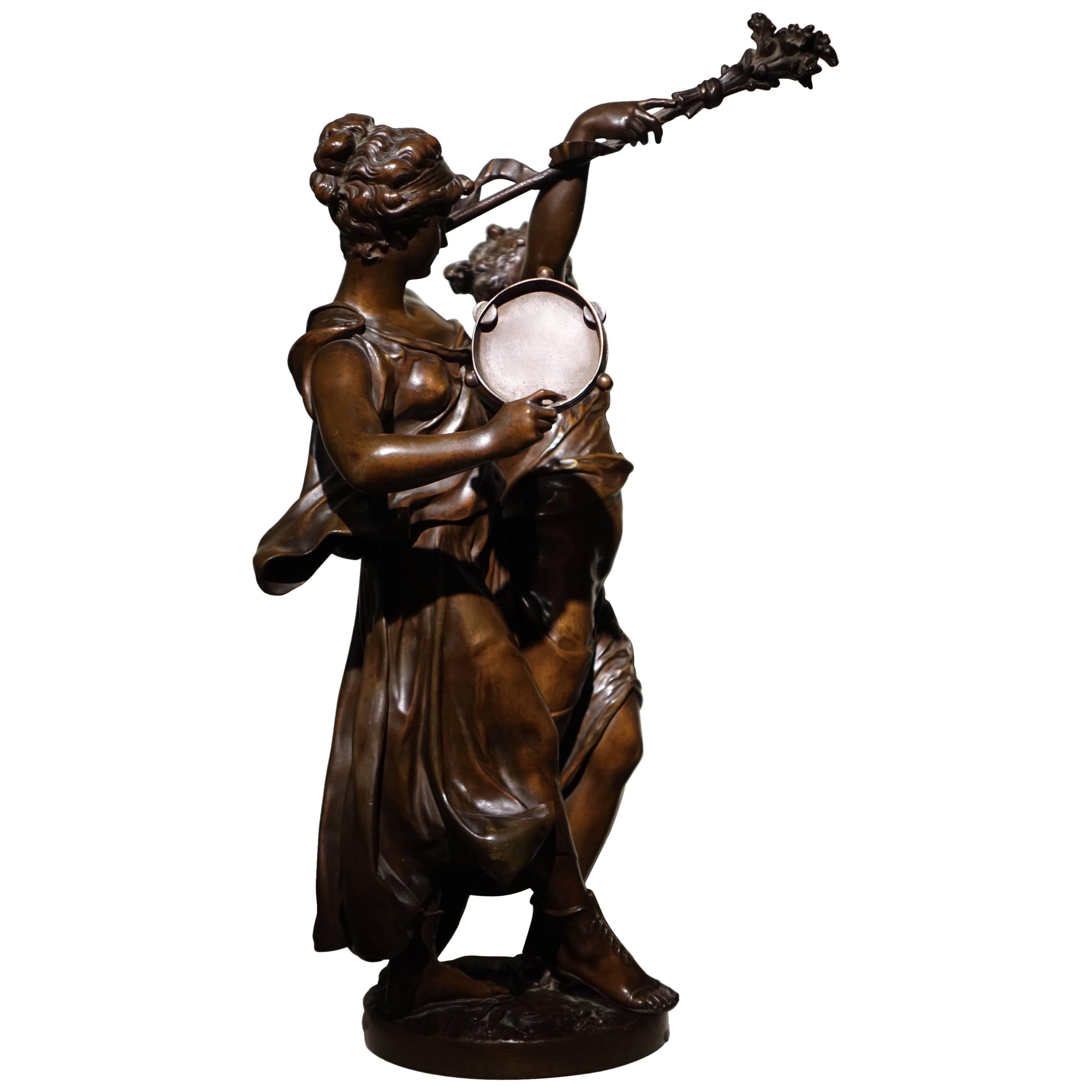  Two Girls Dancing and Playing Tambourine, Bronze  Sculpture Signed Dumaige For Sale