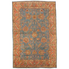 Antique Oushak Carpet, Turkish Rugs, Handmade Oriental Rugs, Light Blue, Coral