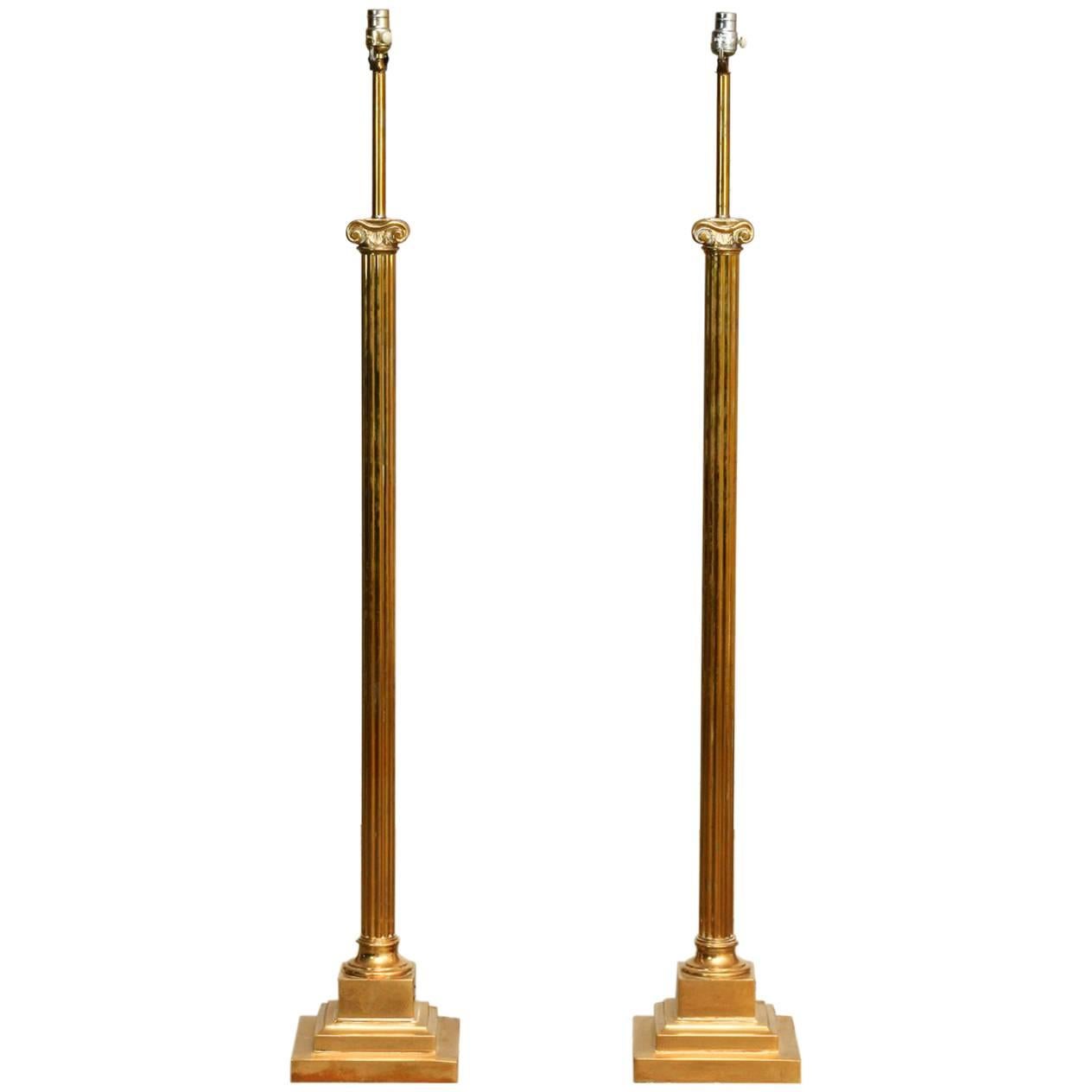 Pair of Neoclassical Fluted Brass Column Floor Lamps
