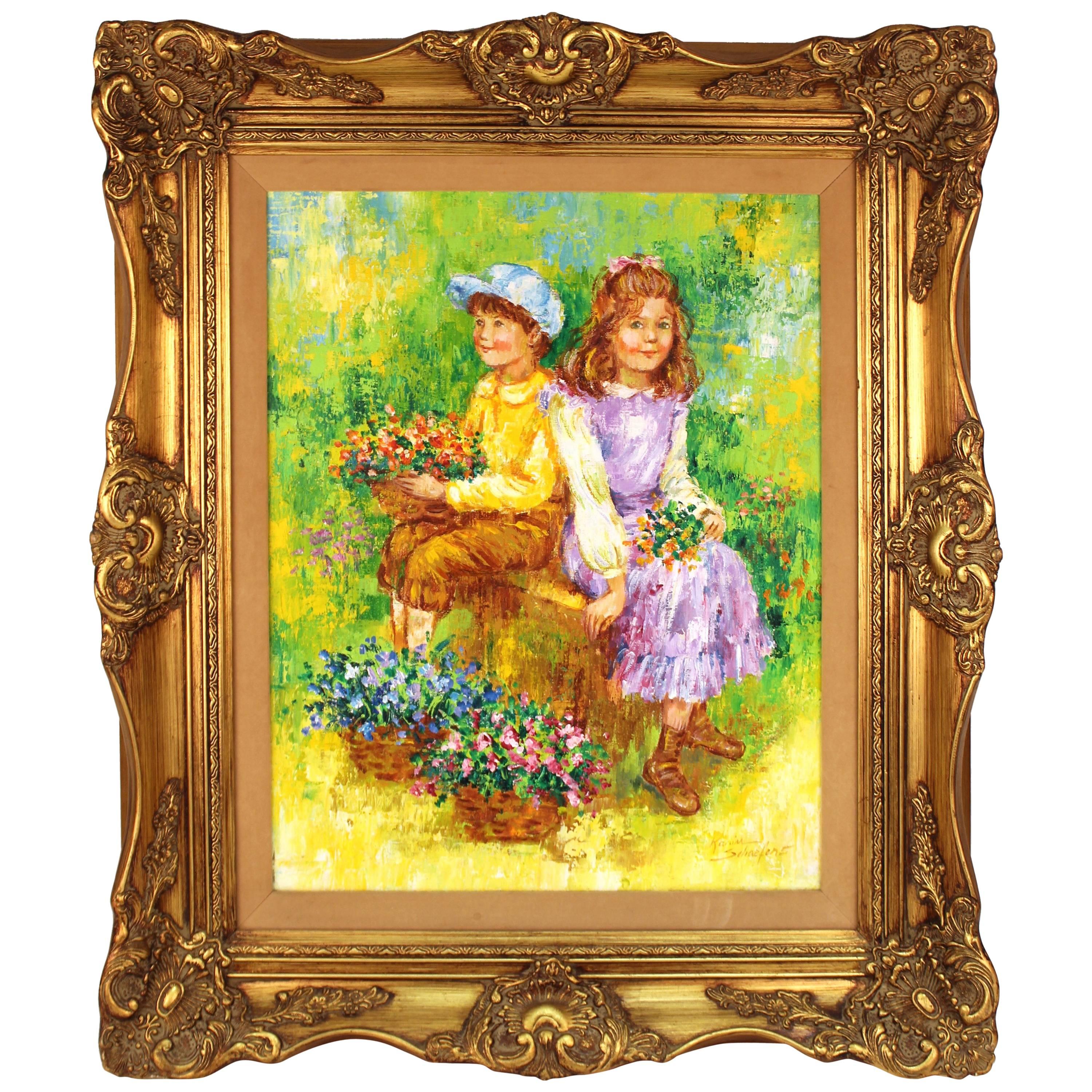  Peinture intitulée « Children Holding Flowers in a Field » (enfants tenant des fleurs dans un champ) de Karin Schaefers  en vente