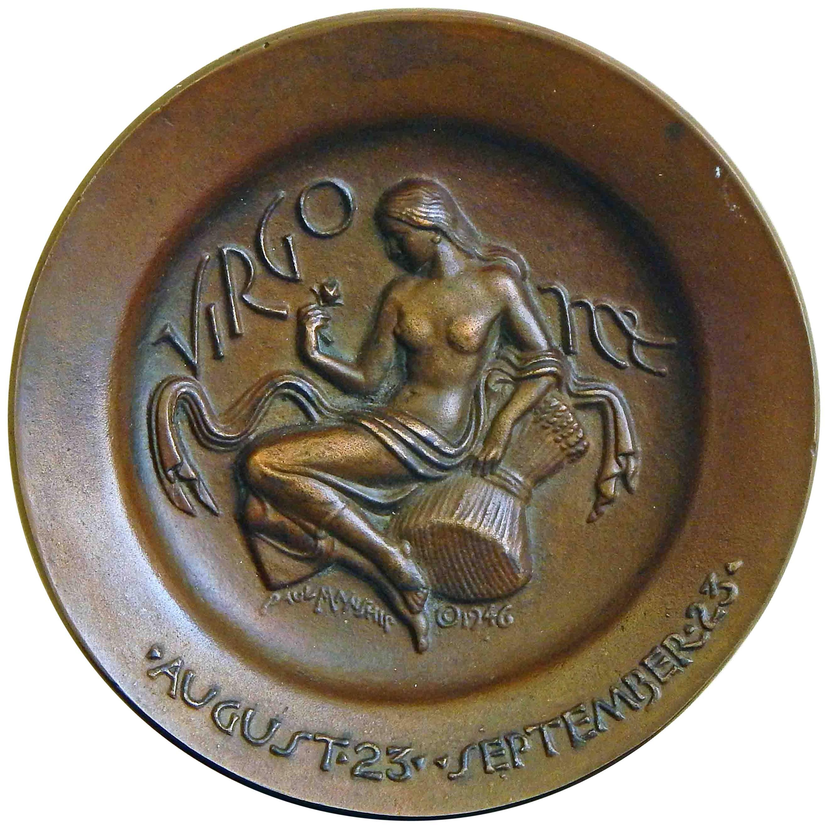 "Virgo, " Rare, High Style Art Deco Bronze Bas Relief by Paul Manship For Sale
