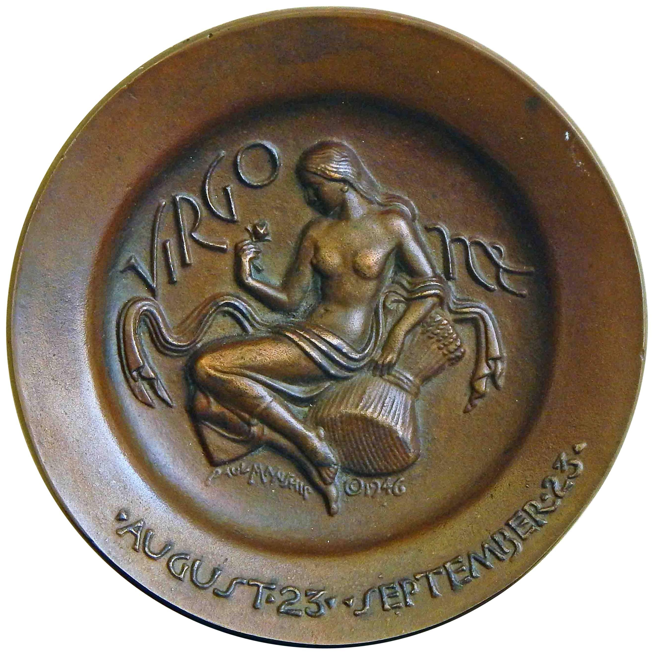 Rare bas-relief en bronze Art Déco haut de gamme « Virgo » de Paul Manship en vente