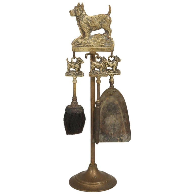 Antique French Fireplace Tool Set with a Dog Motif at 1stDibs