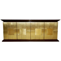 1970s Frigerio Italian Burl Walnut Sideboard with Brass Sculptural Relief Design