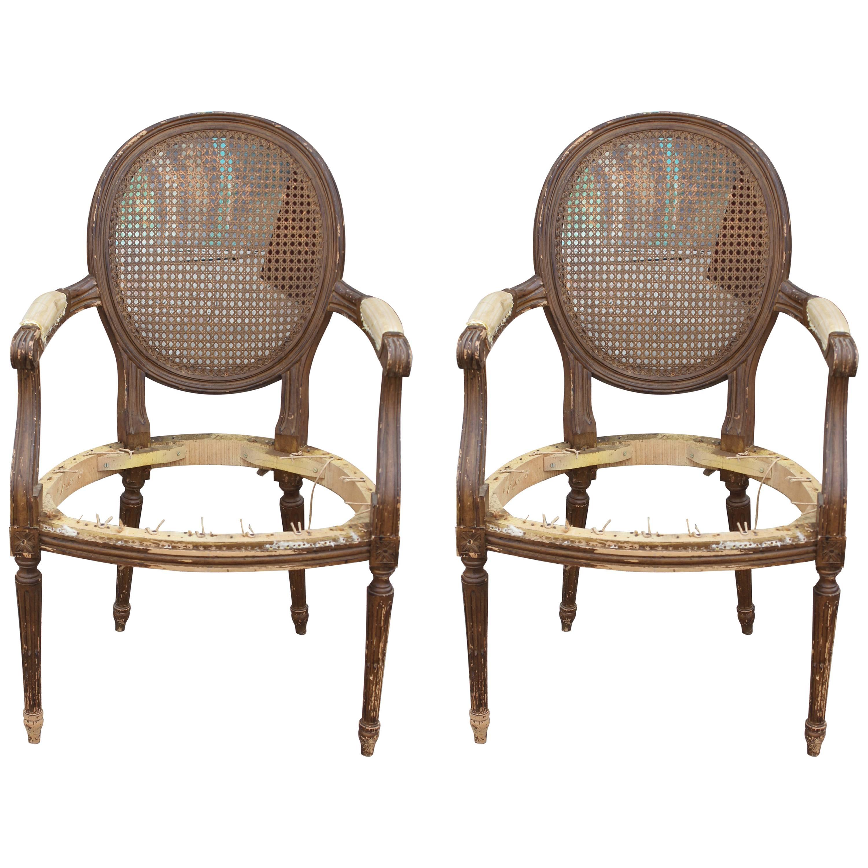 Pair of French Cane Back Stripped Lounge Chair Frames
