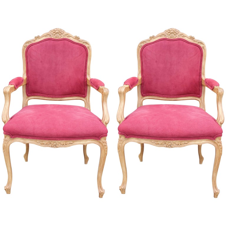 Pair of French Louis XV Lounge Chairs in Red Fabric at 1stDibs