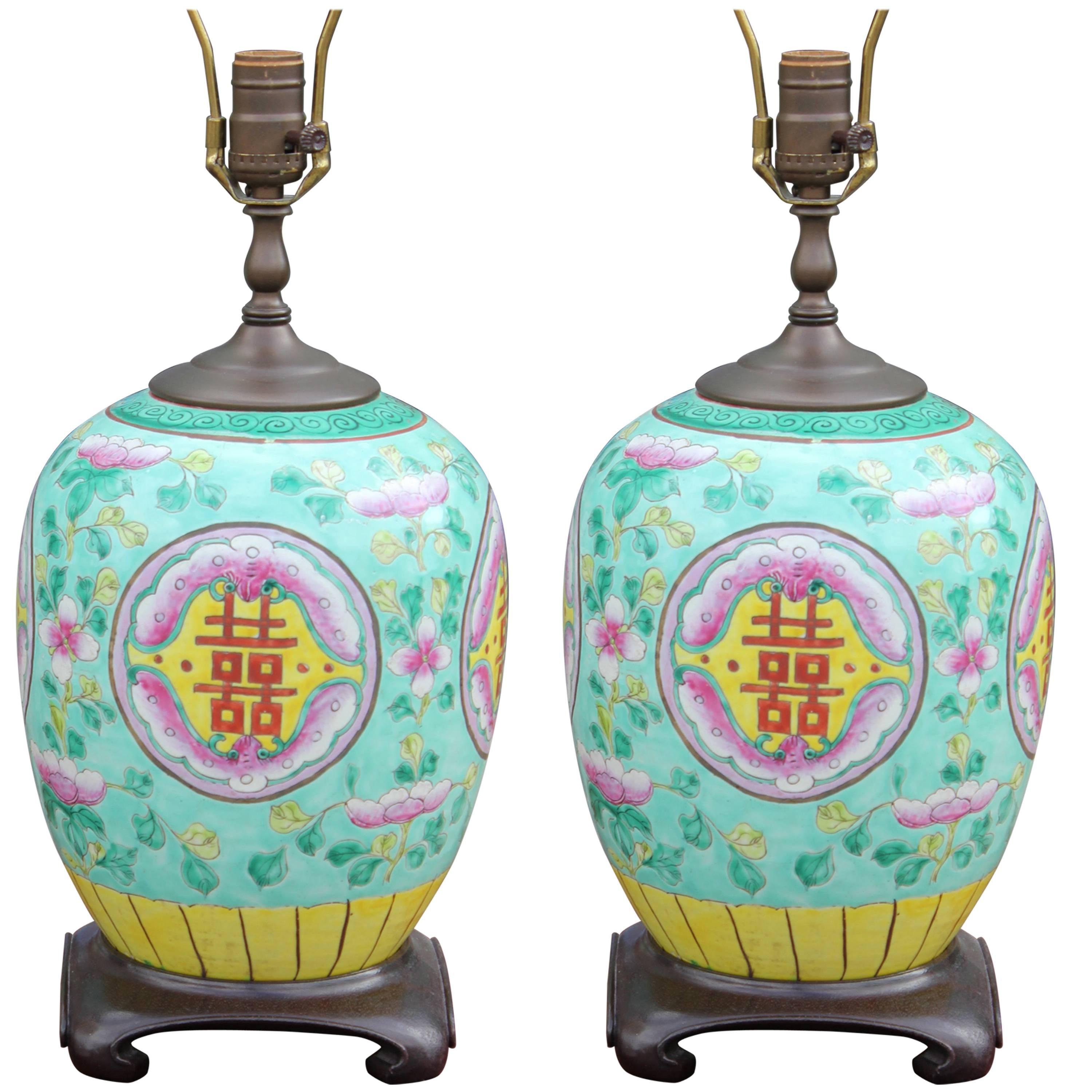Pair of Vibrant Asian Style Table Lamps with Mahogany Bases