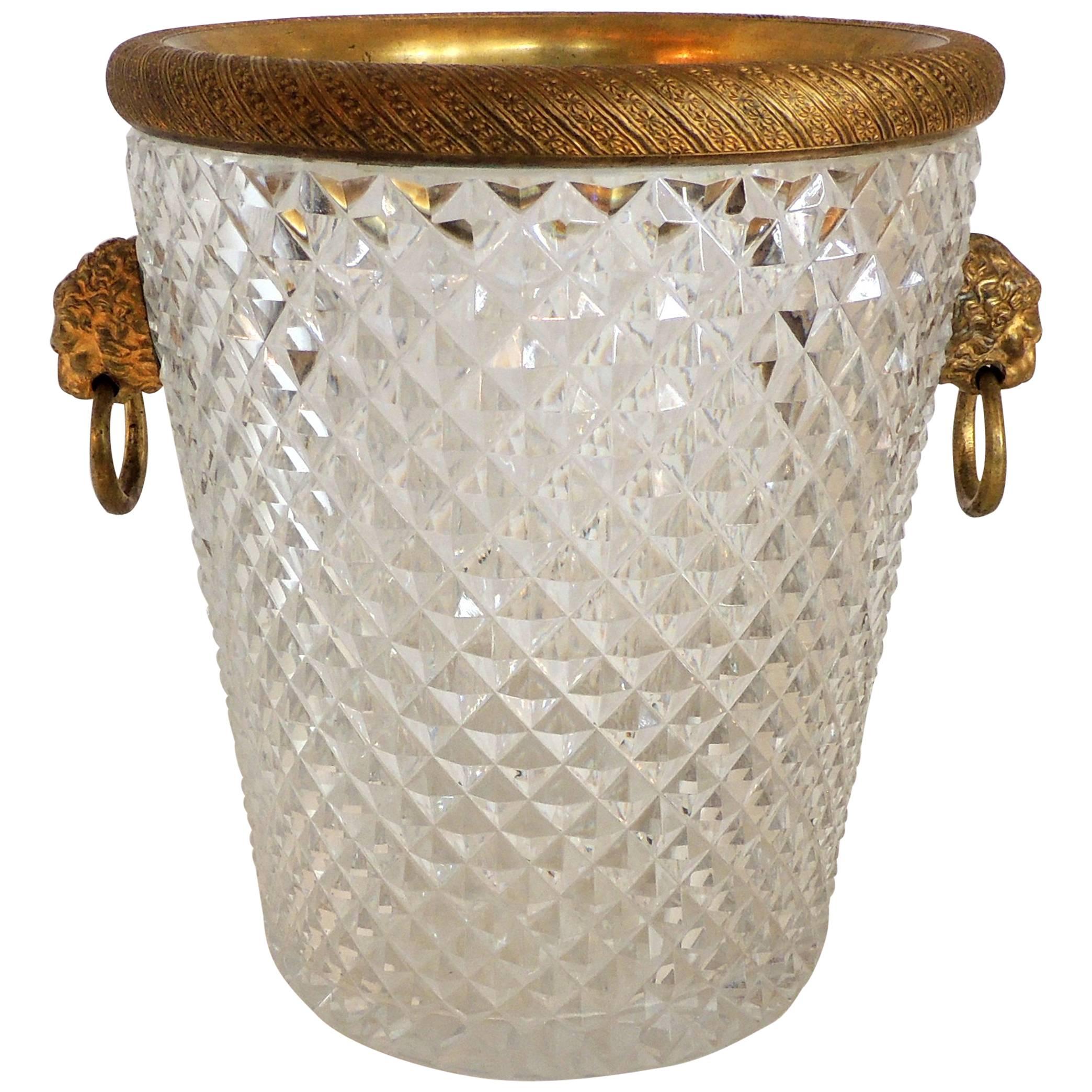Elegant French Baccarat Lion Handle Dore Bronze Cut Crystal Ormolu Ice Bucket 