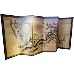 Japanese Screen Black Ivory Hand Painted Blossoms Branches Birds Six Panels