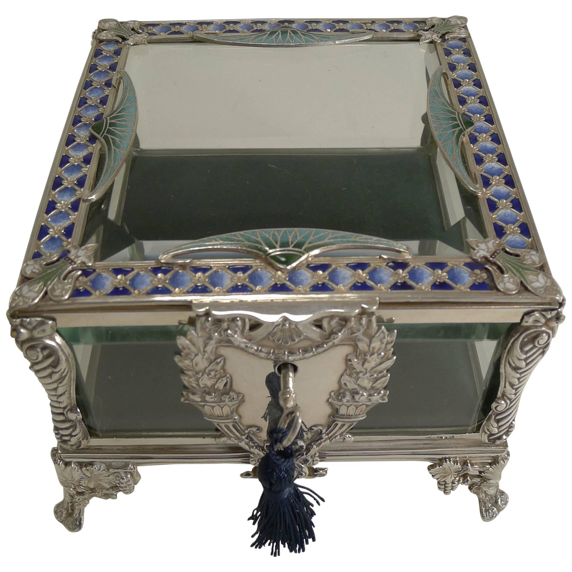 French Art Nouveau Silver Plate and Enamel Jewelry Box, circa 1900