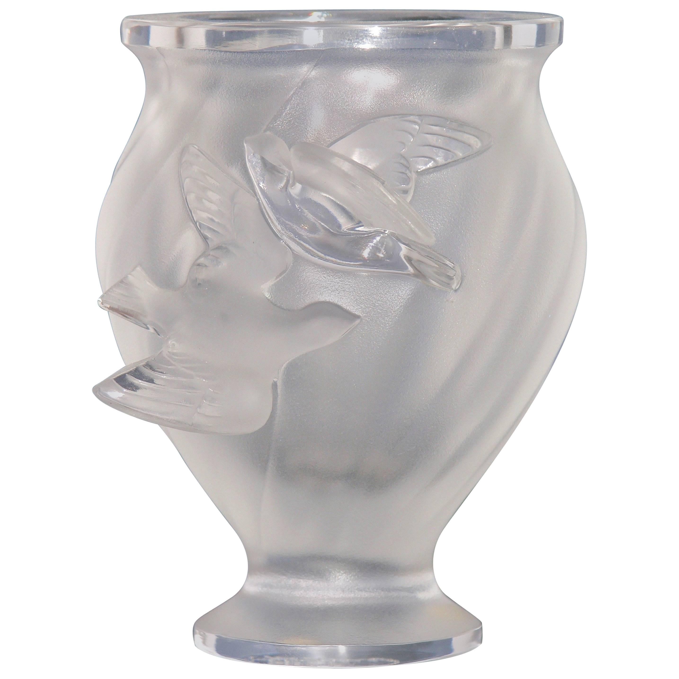 1950s Lalique Small French Crystal Glass Rosine Vase with Birds in Flight