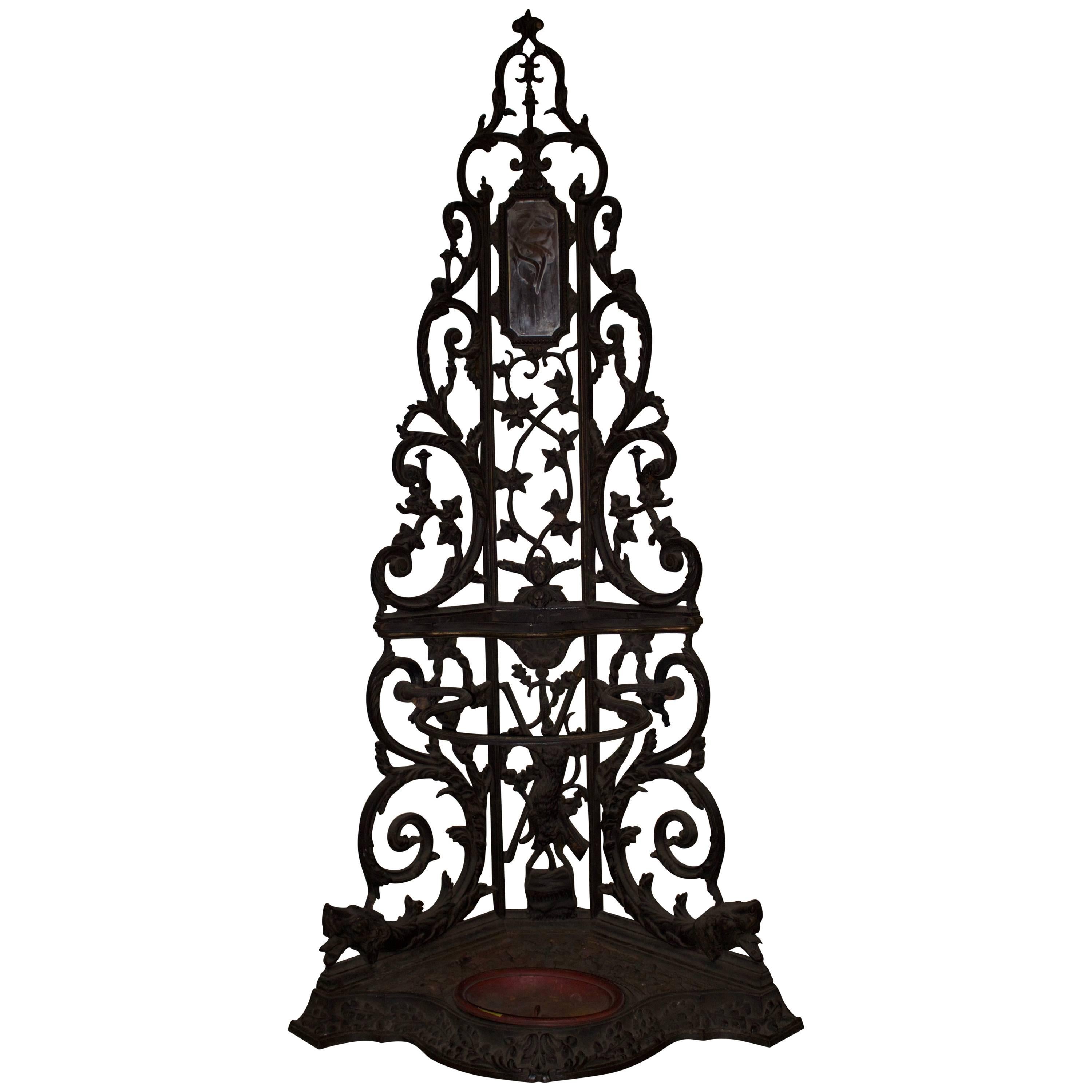 French Cast Iron Corner Portmanteau, Hall Tree with a Hunt Motif For Sale