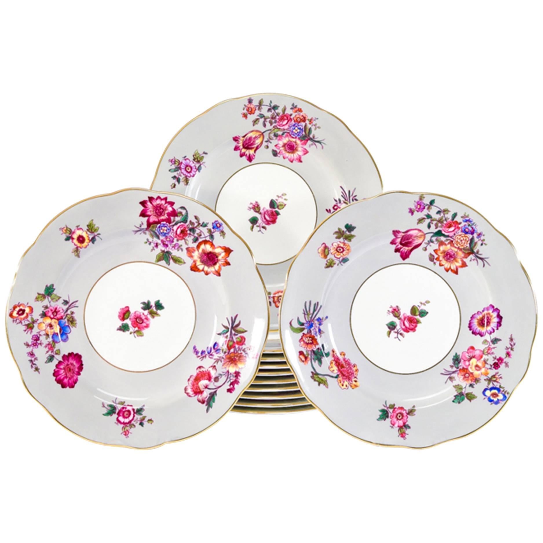 12 Coalport Grey and Polychrome Enamel Floral Shaped Rim Dinner Service Plates