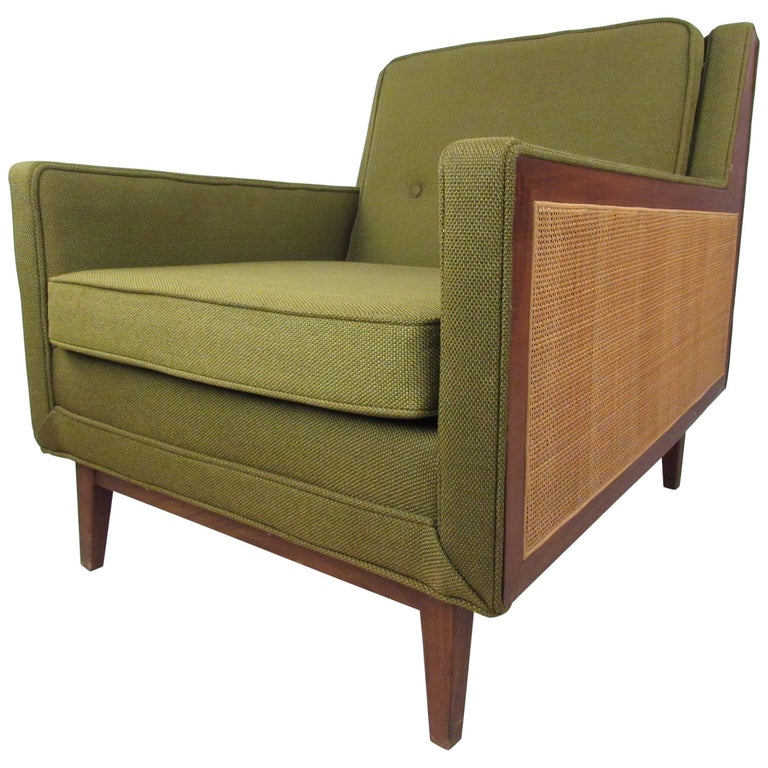 MidCentury Modern Upholstery and Cane Armchair at 1stDibs