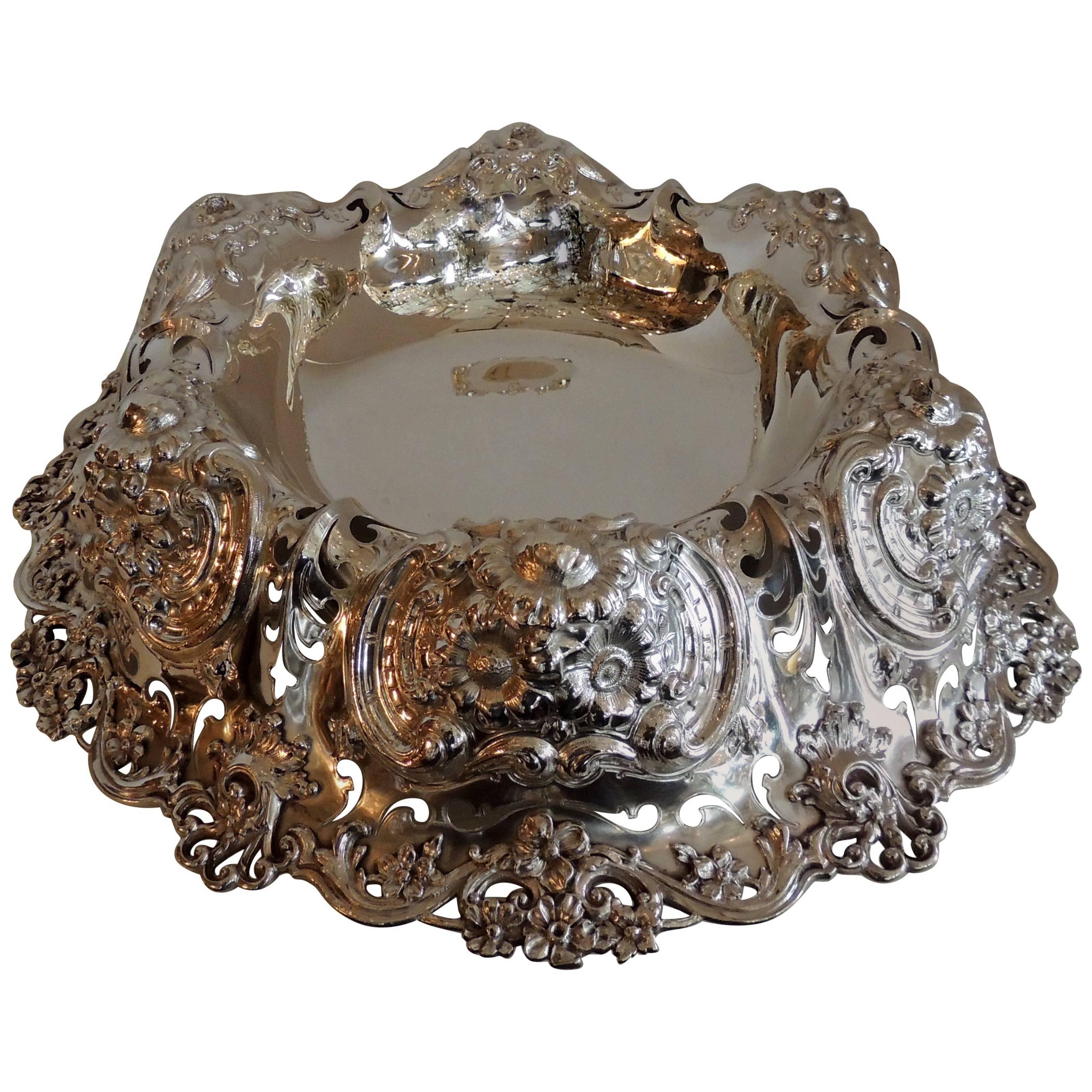 Monumental Sterling Silver Whiting Pierced Blown Out Flower Centerpiece Bowl