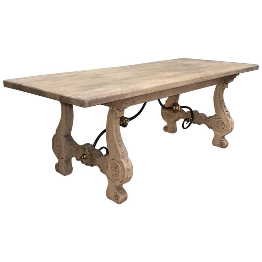 19th Century Stripped Oak Spanish Dining Table with Hand-Forged Iron Stretchers