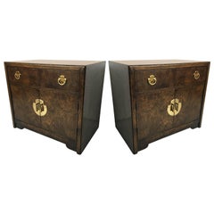 Pair of Burl Wood and Brass Bedside Tables