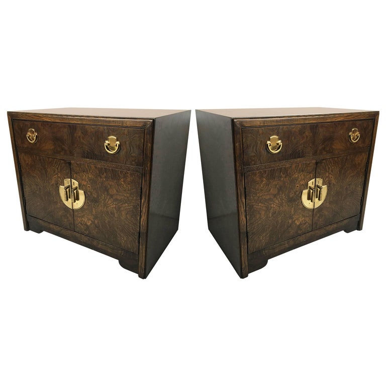 Pair of Burl Wood and Brass Bedside Tables For Sale at 1stDibs