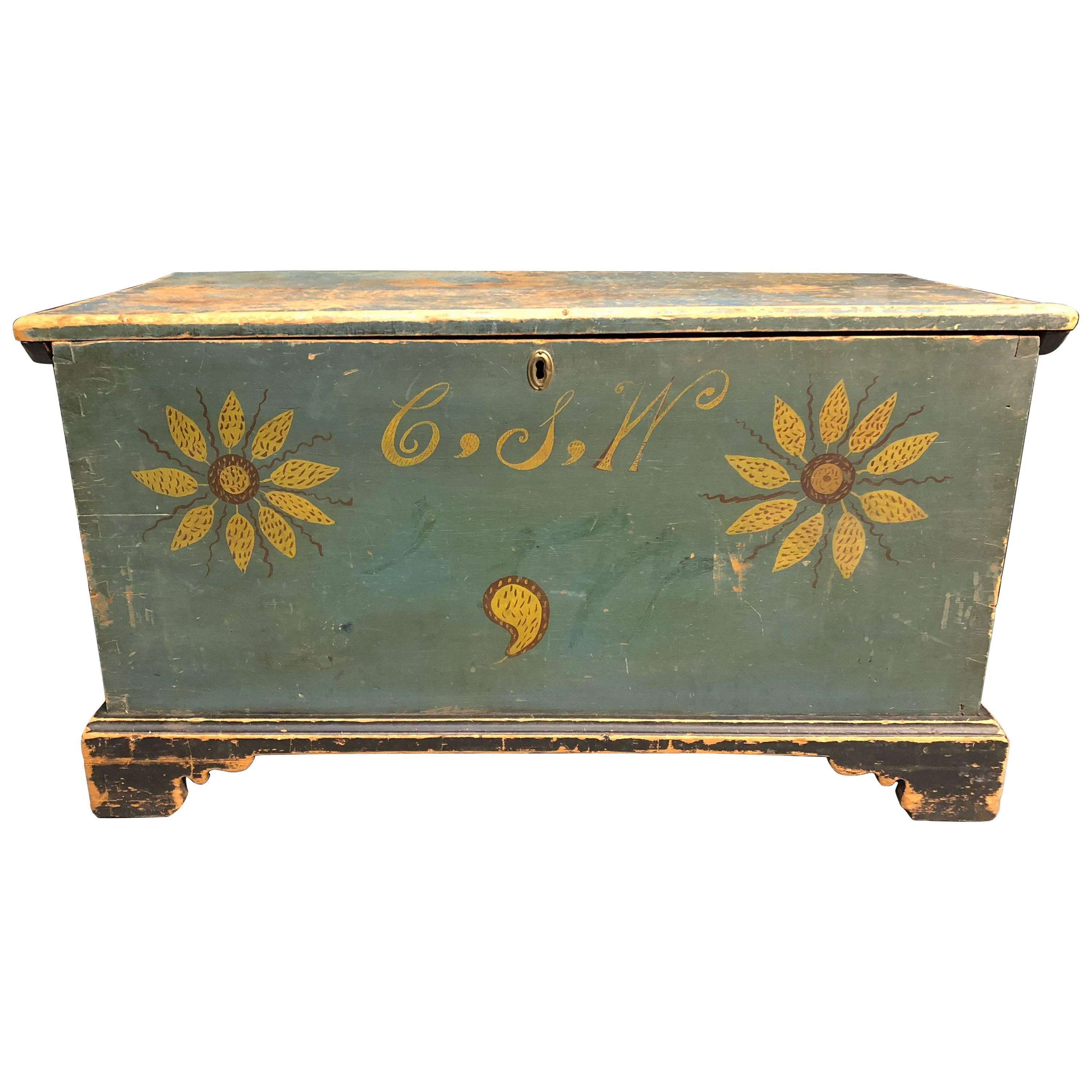 Blanket Chest Diminutive Decorated Blue with Sunflowers Rare Delaware circa 1820 For Sale