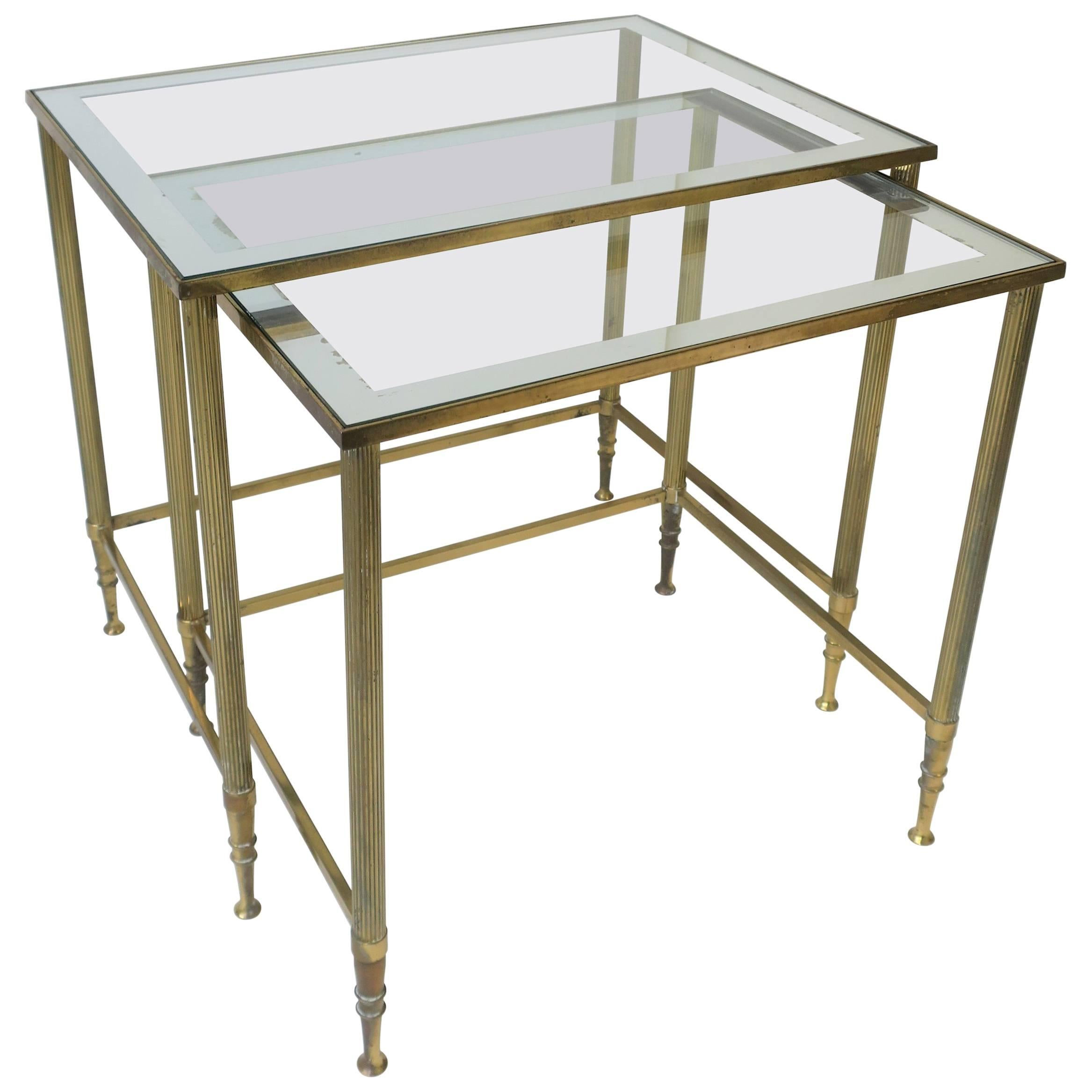 Italian Brass Glass Nesting End Tables Directoire Maison Jansen Style, Set For Sale