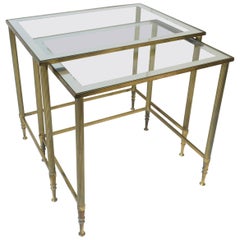 Retro Italian Brass Glass Nesting End Tables Directoire Maison Jansen Style, Set