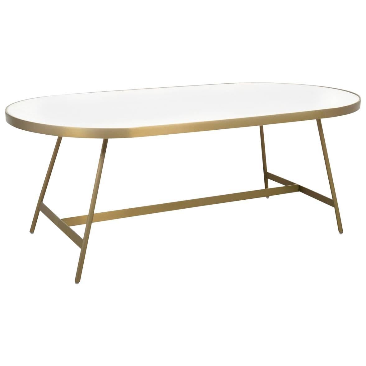 Mid-Century Modern Oval Brushed Brass Coffee Table with Vanilla Concrete Top